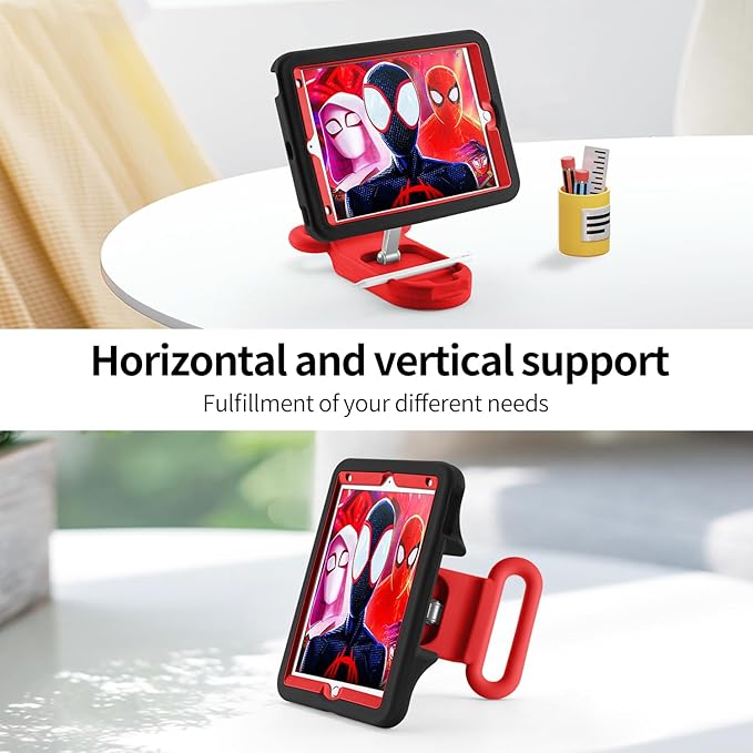Kids Case for iPad 7th/8th/9th GeniPad 10.2 inch 2021/2020/2019 Case with Adjustable Portrait Landscape Stand HandleHeavy Duty Protective Kids Child Friendly Cover for iPad 10.2 inch. (Black-Red)