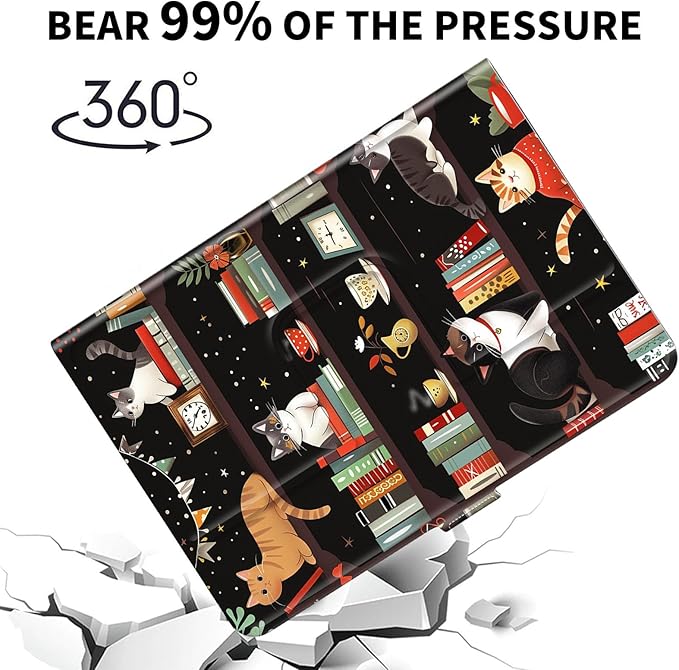 for Universal 10 10.1 Inch Android Tablet Case 360 Degree Rotating Leather Stand Folio Cover for iPad 9.7/10.2/10.5/Galaxy Tab 9-10.5/Fire HD10 &amp More 9.0-10.5 Inch TabletBookshelf Cute Cat