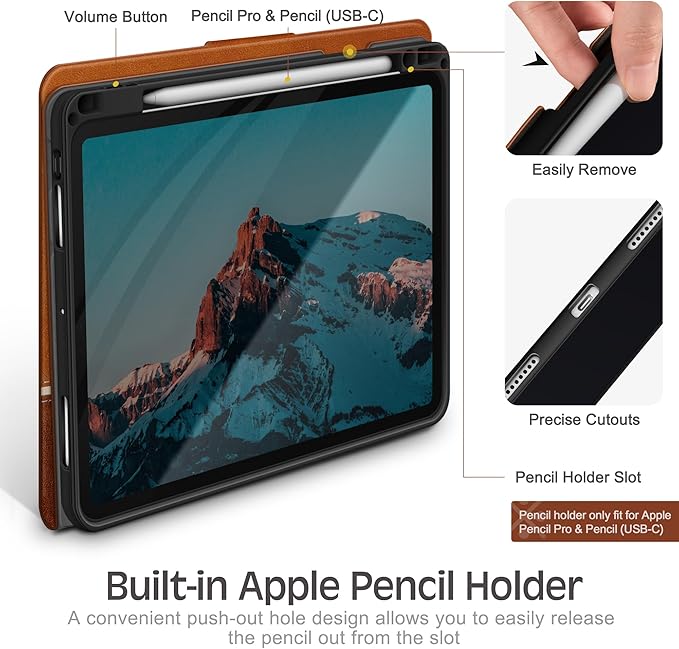 KingBlanc Case for iPad Pro 13 inch (M5 2025/M4 2024) with Pencil Holder Vegan Leather Stand Cover Auto Sleep/Wake Support Pencil Pro/(USB-C) Viewing/Writing Angles Vintage Notebook StyleBrown