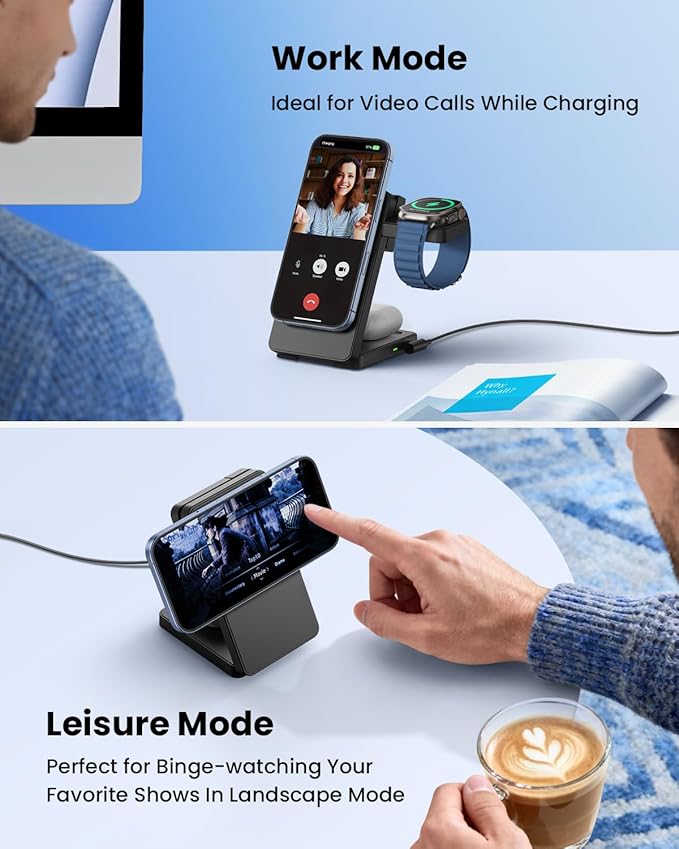 Magnetic Wireless Charging Station for Apple: Upgraded Qi2 Certified 15W 3-in-1 Magsafe Wireless Charger Stand Foldable Travel Fast Charger for iPhone 17 16 15 14 13 12 Series Apple Watch AirPods