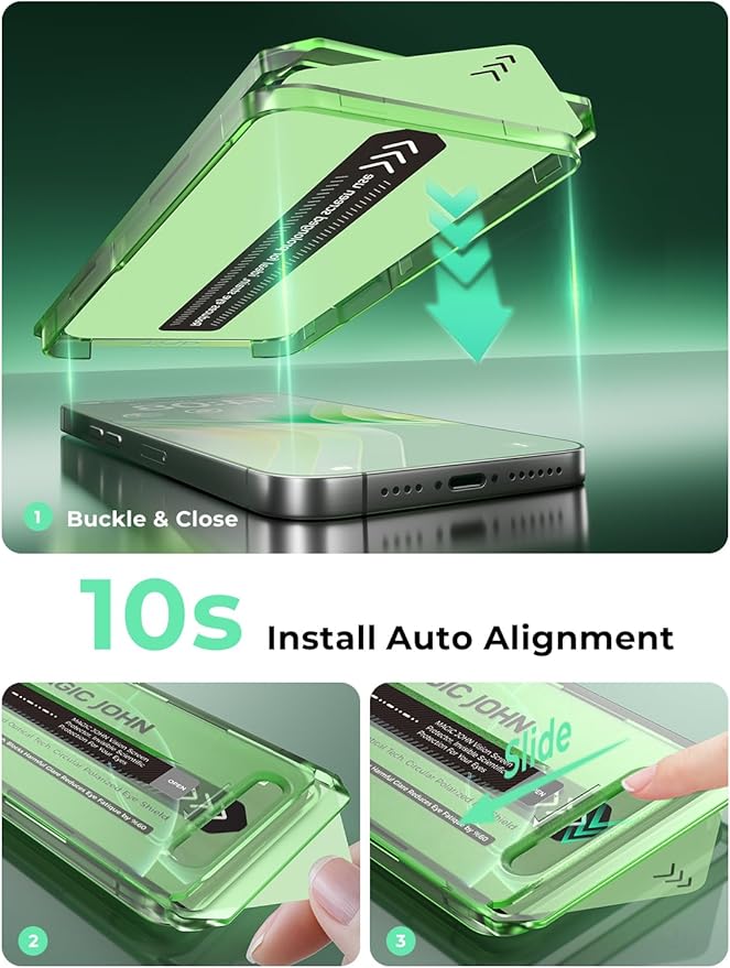 MAGIC JOHN 2 PACK for iPhone 16 Pro Max (6.9) Eye Protection Screen Protector HD Clear Auto Dust-Elimination 9H Tempered Glass &amp Scratch Resistance Full Edge Coverage