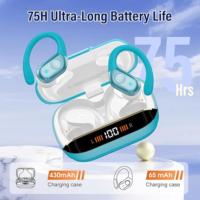 Wireless Earbuds Bluetooth 5.4 Headphones 75H Stereo Deep Bass Sports Over Ear Buds with Earhooks LED Display Bluetooth Earbuds with 4 ENC Mic IP7 Waterproof Earphone for Running Blue