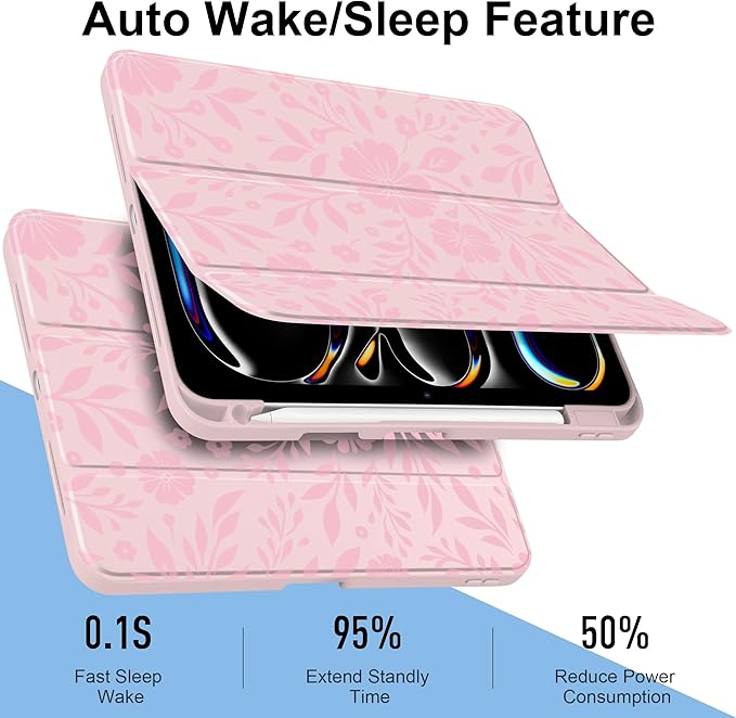 MecBevia Case for iPad Pro 11 inch M5 2025 / M4 2024 (6th/5th Gen) A3357 A3358 A3359 A2836 A2837 A3006 – Built-in Pencil Holder &amp Auto Wake/Sleep Pink Bloom