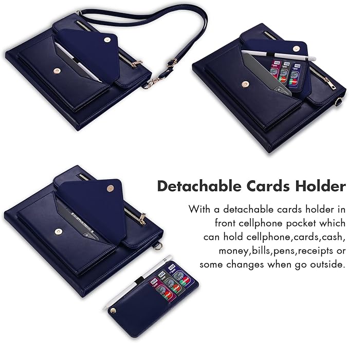 Dteck Business Flip Stand Cover for iPad Pro 11 Inch 4th/3rd Gen iPad Air 4th Gen PU Leather Pencil Holder Zipper Pocket Strap Protective Wallet Case Blue