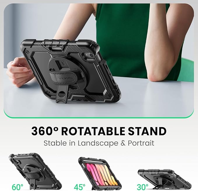 SEYMAC Case for iPad mini 7 (A17 Pro) 2024/ Mini 6 8.3″ Full-Body Shockproof Protective Case with Screen Protector 360° Rotating Stand Hand/Shoulder Strap for iPad mini 7th/ 6th Generation Black