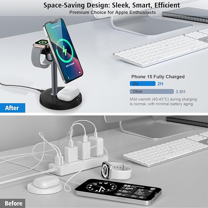 3 in 1 Wireless Charging Station for Multiple Devices 15W Fast Magnetic Wireless Charger Stand with Adjustable Angle Compatible with iPhone12-16 Series Apple Watch AirPods - Gifts for Men &ampWom