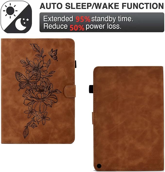 Folio Case for Amazon Kindle Fire HD 8/Fire HD 8 Plus (12th/10th Generation 2024/2022/2020) 8 with Stand/Pencil Holder [Auto Sleep/Wake] Embossed PU Leather Smart Cover Brown Butterfly Flower