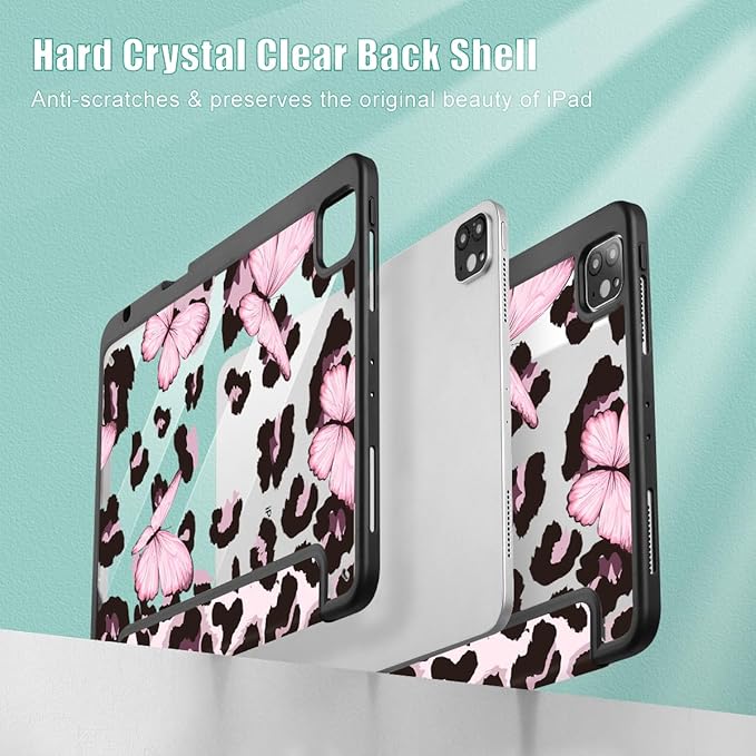 Mektron Case for iPad Pro 11 inch (4th 3rd 2nd &amp 1st Gen) 2022 2021 2020 2018 Buit in Pencil Holder with Shockproof Cover Clear Shell + Auto Wake/Sleep Leopard Pink Butterfly