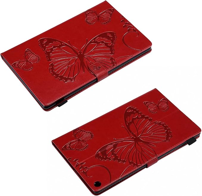 Kindle Fire HD 10 Tablet 2019/2017 Case 9th/7th Generation 10.1 with Pencil Holder Pockets [Auto Sleep/Wake] Folio Stand Embossed PU Leather Magnetic Smart Wallet TPU Cover Red Butterfly