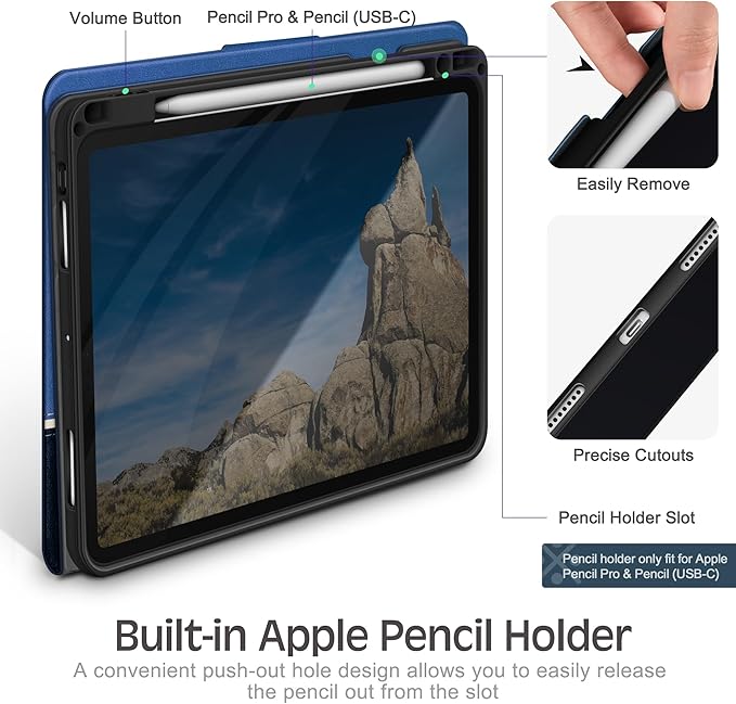 KingBlanc Case for iPad Pro 11 inch (M5 2025/M4 2024) with Pencil Holder Vegan Leather Smart Stand Cover Auto Sleep Wake Support Pencil Pro/(USB-C) Viewing/Typing Angle Durable Protection Blue