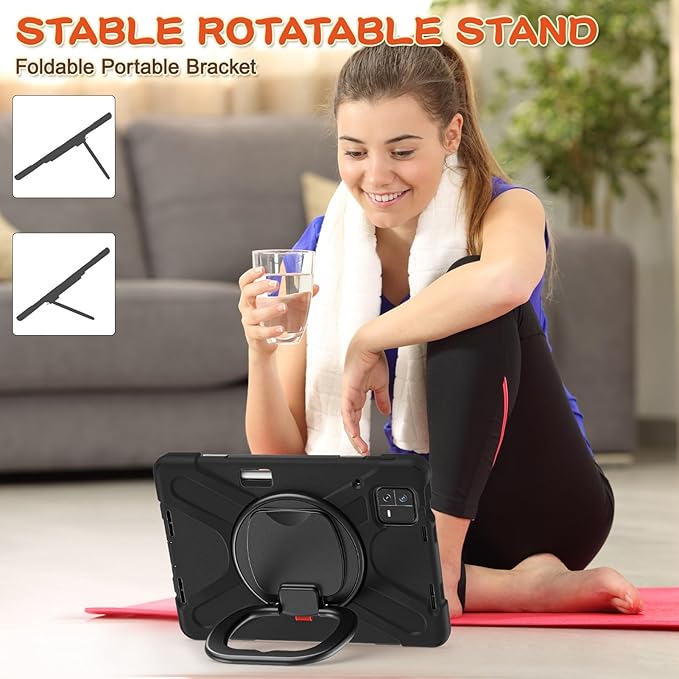 Rugged Tablet Case for Pad 6 6 Pro Tablet Cover with Stand Slim Folding Stand Cover for Pad 6 6 Pro 360° Rotation Removable Shoulder Strap (Black)