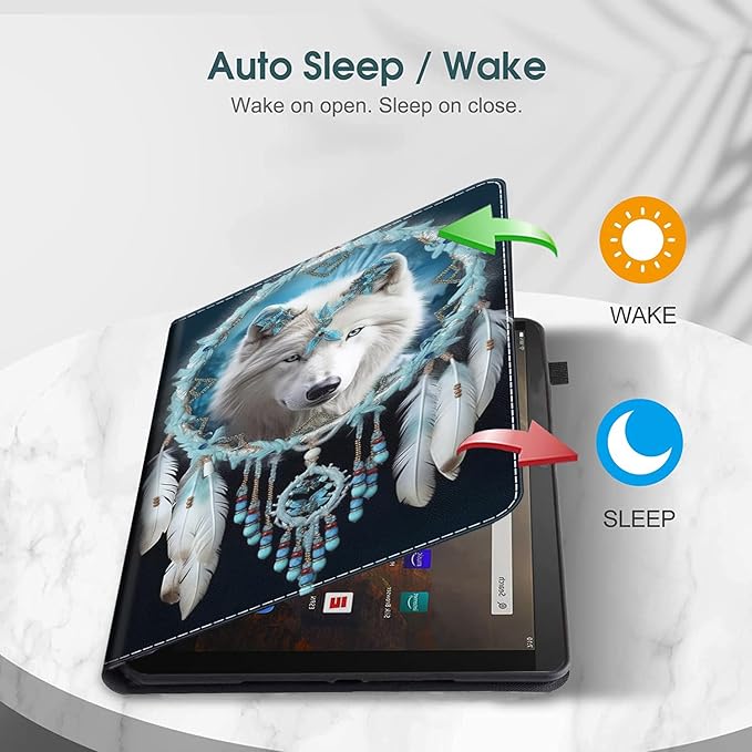Case for All-New Amazon Fire HD 10 and 10 Plus Tablet (13th/11th Generation 2023/2021 Release) 10.1 - Slim Fit Standing Cover with Auto Sleep/WakeWolf Dreamcatcher