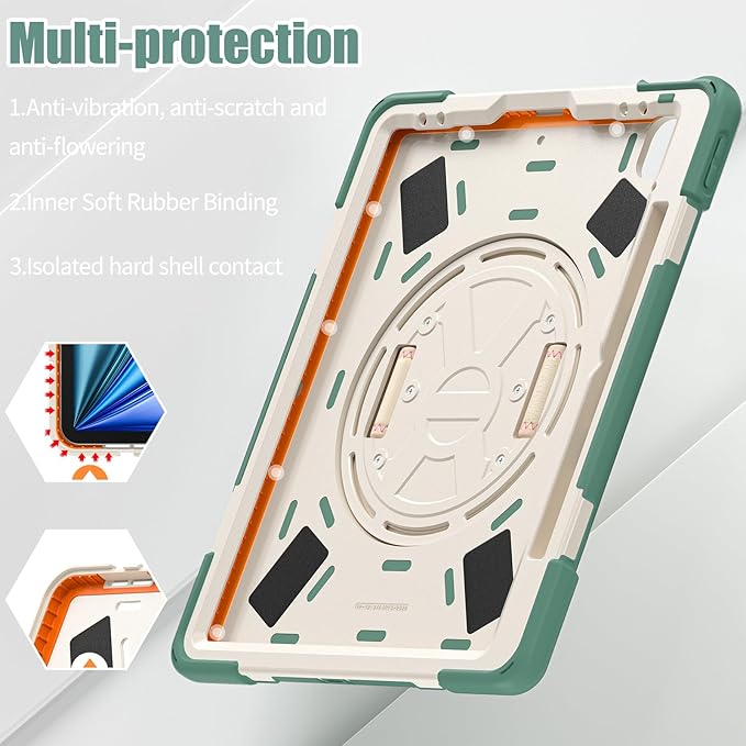 for iPad Air 13-inch M2 (2024) A2898/A2899 for iPad Pro 12.9 Rugged Case Portable Heavy Duty Shock-Proof Armor Cover with Swivel Kickstand/Hand Grip Shoulder Strap Pencil Holder(Sage Green)