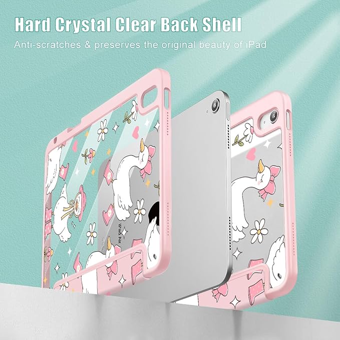 May Chen for iPad Air 11-inch M4/M3/M2 (2026/2025/2024) iPad Air 5th/4th 10.9 Inch - Shockproof Cover with Clear Back Shell &amp Penceil Holder Auto Wake/Sleep Stand Cover Cute Goose Spring