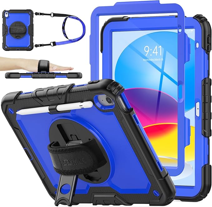 SEYMAC stock Case for iPad (A16) 11th/10th Generation 11''/10.9'' 2025/2022 Full-Body Drop Protection Case with Screen Protector &amp360° Rotate Hand Strap/Stand Blue+Black