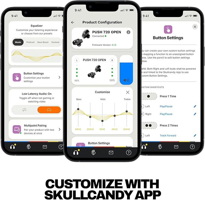 Skullcandy Push 720 Open Wireless Open Ear Bluetooth Earbuds Headphones Waterproof Clip-On Lightweight Design 30 Hours Battery Wireless Charging Pouch Microphone for iPhone Android - True Black