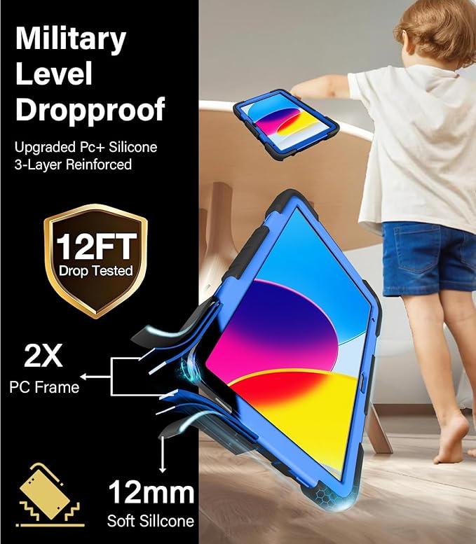 JKSML Case for iPad (A16) 11th/10th Gen | 360° Rugged Rotating Stand | Pencil Holder | Adjustable Shoulder Strap | Heavy Duty Drop Protective Cover for iPad 10.9 (2022)/ 11 (2025) - Blue Black-z