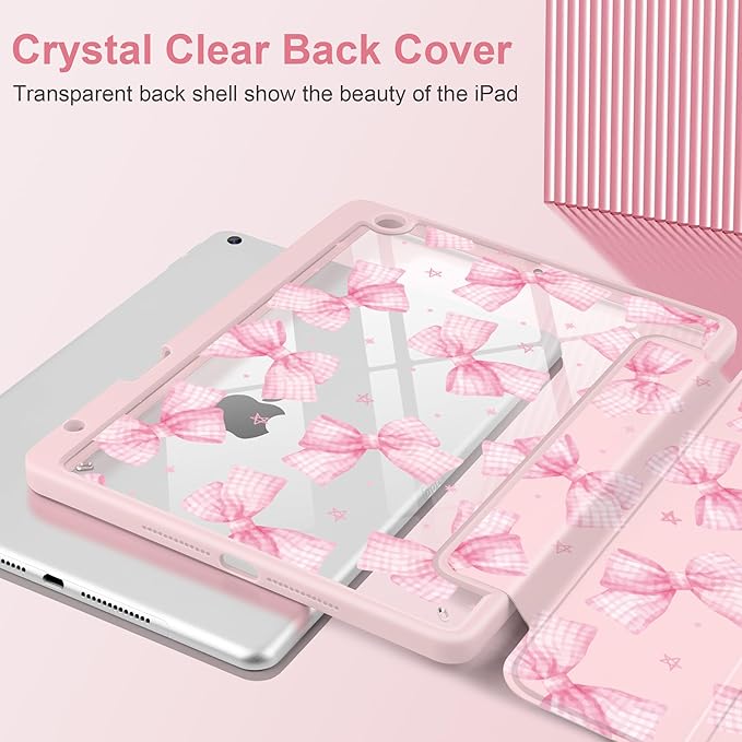 DONGKE for iPad 9th/8th/7th Generation Case 10.2 Inch (2021/2020/2019) [Auto Sleep/Wake &amp Pencil Holder] Clear Acrylic Back Trifold Stand Cover Gingham Bows