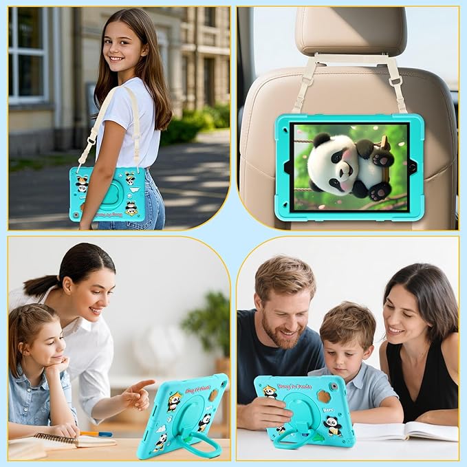 Case for iPad 9th/8th/7th Generation iPad 10.2 Inch 2021/2020/2019 Funny Cartoon Silicone 3D Panda Design Kids Case Heavy Duty Protection with Stand/Pencil Holder/Shoulder Strap