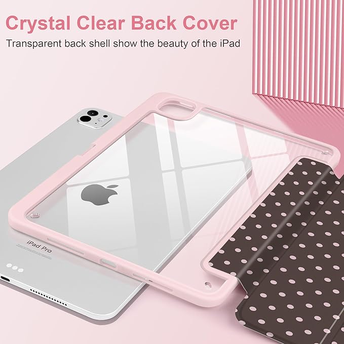 TWOLSKOO Case for iPad Pro 11-inch (M5 2025 / M4 2024) Clear Acrylic Back with TPU Bumper Pencil Holder Trifold Stand Auto Sleep/Wake Chocolate Polka Dot