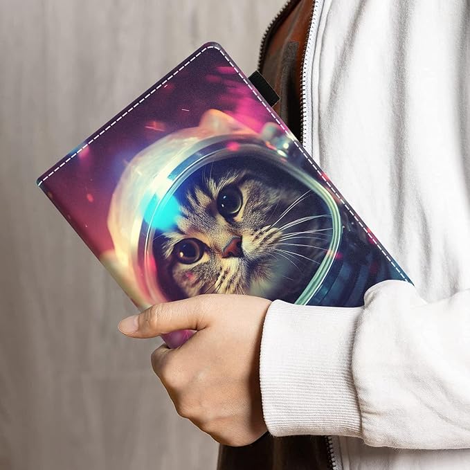 Case for All-New Amazon Kindle Fire HD 10 &amp 10 Plus Tablet 10.1 (13th/11th Generation 2023/2021 Release) - PU Leather Folio Case with Smart Auto Wake/Sleep Cat Astronaut