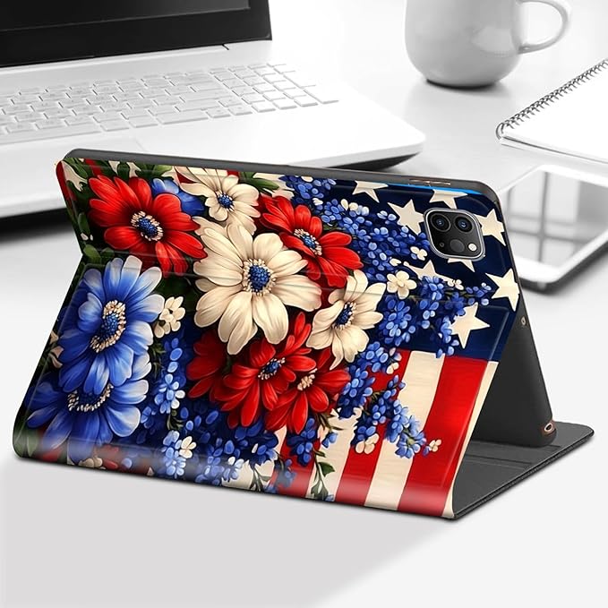 ffor iPad Pro 12.9 Case 6th/5th/4th Generation 2022/2021/2020-Slim PU Leather Stand Smart Cover with Auto Wake/SleepRed White and Blue Flower Flags