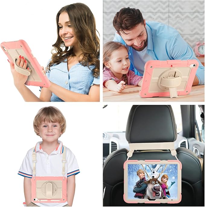 for iPad (A16) 11th Generation case11''(2025)/10th Generation case 10.9'' (2022)360°Rotatable Stand with [Screen Protector&ampPencil Holder&ampShoulder Strap] Shockproof Case (Pink+Beige)