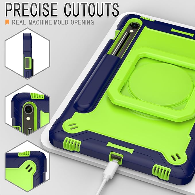 Case for Galaxy Tab S9 FE+/Tab S9+ 12.4 inch Rugged Armor Heavy Duty Hybrid Cover with Adjustable Stand and Handle for Tab S9 Plus 12.4 with Shoulder Strap and S Pen Holder (Blue/Green)