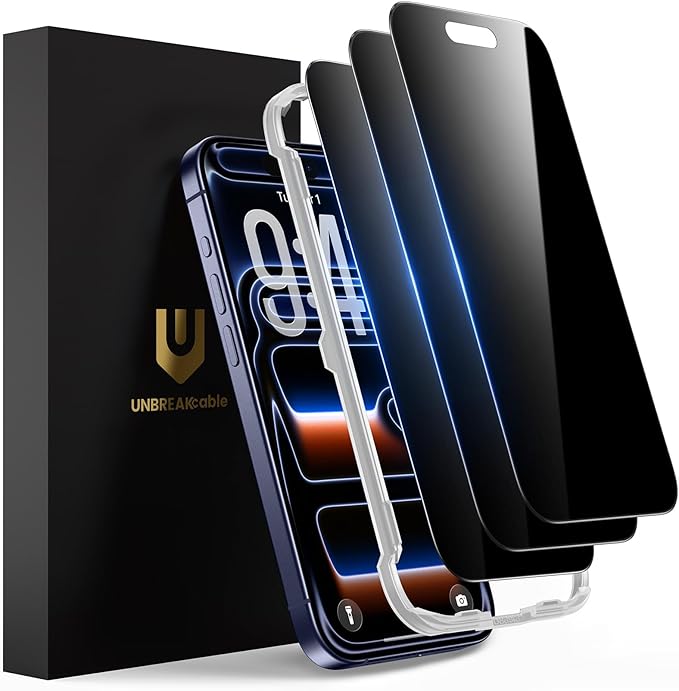 UNBREAKcable Privacy Screen Protector for iPhone 17 Pro (6.3) 25° Anti-Spy Tempered Glass Easy Install Alignment Frame Case-Friendly 9H Hardness Anti-Fingerprint 3-Pack