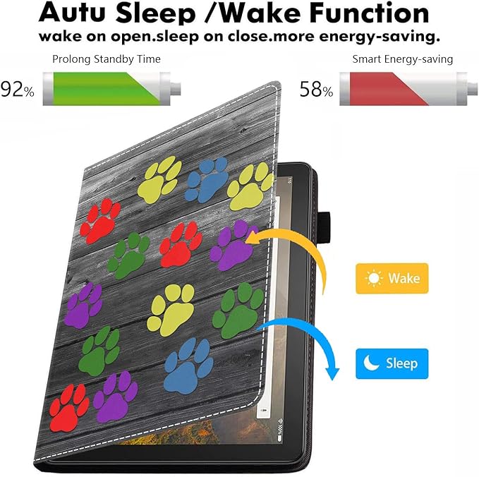 Case for Amazon Kindle Fire 7 Tablet (7 Display 9th/7th Generation 2019/2017 Release) - PU Leather Folio Case with Smart Auto Wake/Sleep Colorful Dog Paw Print on Wooden Board