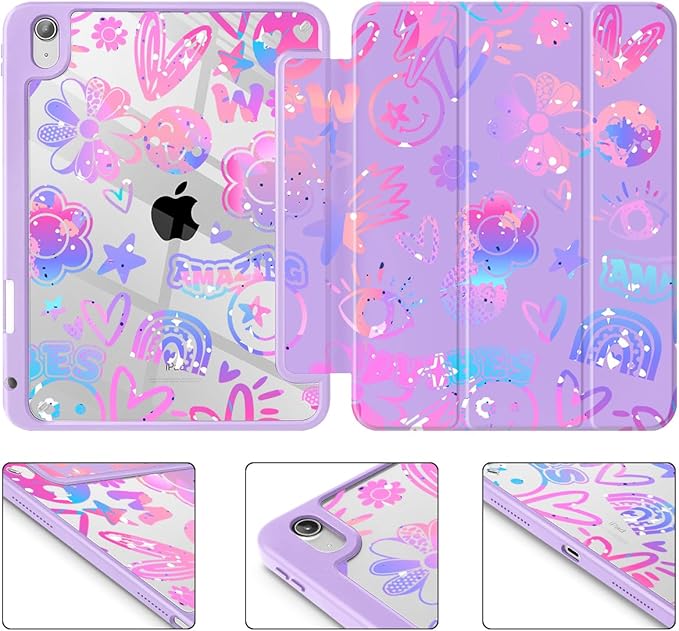 Tuiklol Case for iPad 11 inch (A16 Chip) 2025 Gen 11th / iPad 10.9 inch 2022 10th Gen Buit in Pencil Holder with Shockproof Cover Clear Transparent Back Shell Auto Wake/SleepFun Emotions Purple
