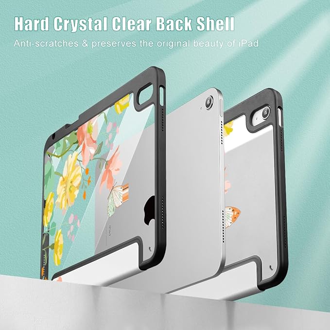 May Chen Case for iPad Air 13 Inch M4 2026 M3 2025 M2 2024 [Built-in Pencil Holder] Shockproof Cover with Clear Transparent Back Shell Auto Sleep/Wake Cover Butterfly Garden