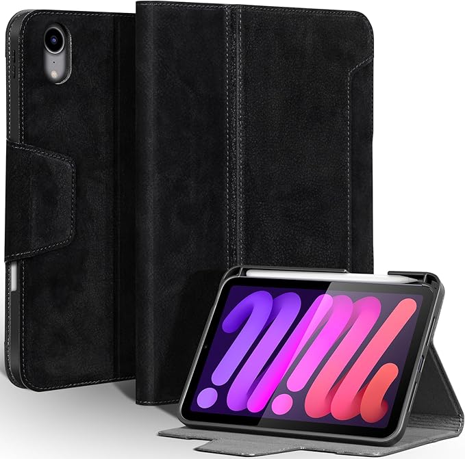 Gexmil Premium Leather Case for iPad mini 7 (A17 Pro) 2024 / iPad mini 6 Generation 2021 8.3 InchPencil Holder Magnetic ClosureShockproof Cowhide CoverAdjustable StandSanded Black