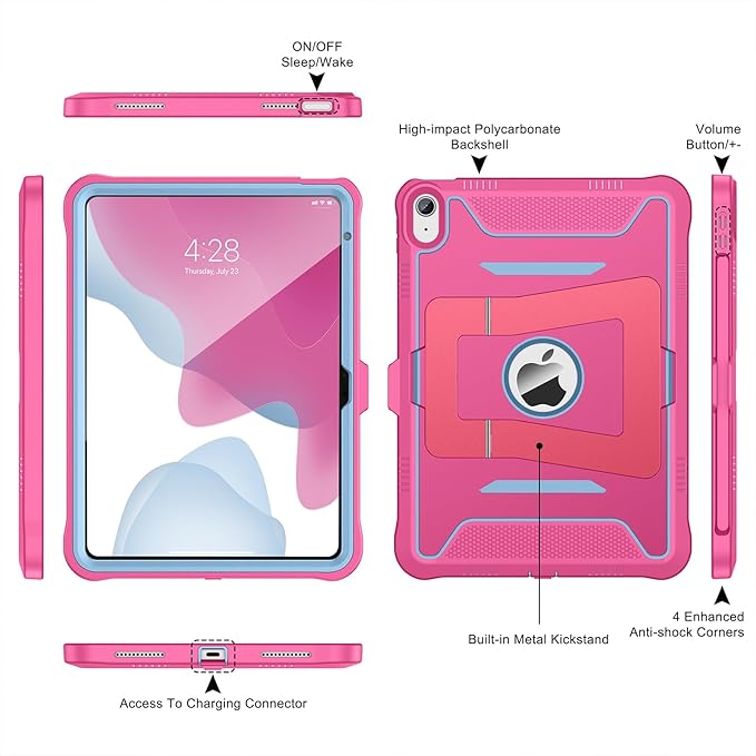 Soke Case for iPad (A16) 11th Generation 11-Inch 2025 /10th Generation 10.9-Inch 2022 with Screen Protector and Multi-Angle Kickstand Rugged Full Body Heavy Duty Protective Cover - HotPink Blue