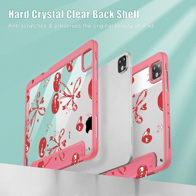 Mektron Case for iPad Pro 11 inch (4th 3rd 2nd &amp 1st Gen) 2022 2021 2020 2018 Buit in Pencil Holder with Shockproof Cover Clear Shell + Trifold Stand + Auto Wake/Sleep Cherries Bows C388