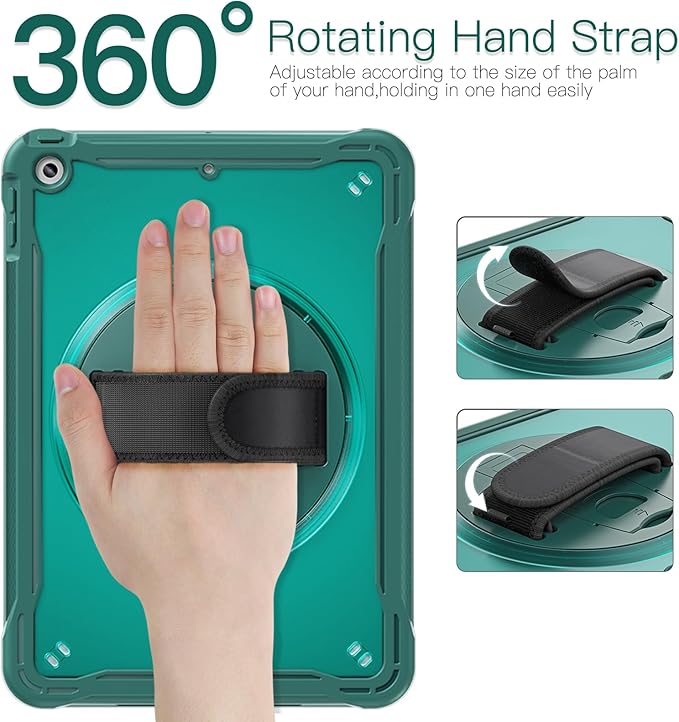 BRAECNstock for iPad 9th/ 8th/ 7th Generation Case 10.2 2021/2020/2019Shockproof Cover with 360° Rotating Hand Strap/StandScreen ProtectorCarrying Shoulder StrapPencil Holder(Midnight Green)