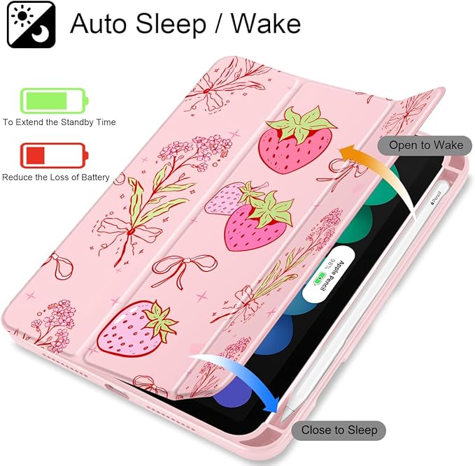 May Chen Slim Case for iPad mini 7 (A17 Pro 7th Generation) 2024 / iPad mini 6 (6th Gen) 8.3 Inch [Built-in Pencil Holder] Shockproof Cover Clear Clear Back Shell Auto Wake/Sleep Strawberry Bow