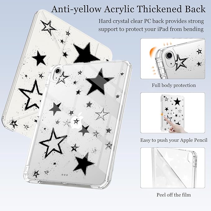 Cute Y2K Black Star for iPad Pro 11 Inch Case (M5/M4) 2025/2024 with Pencil Holder Auto Sleep/Wake White Leather Acrylic Back Detachable Cover