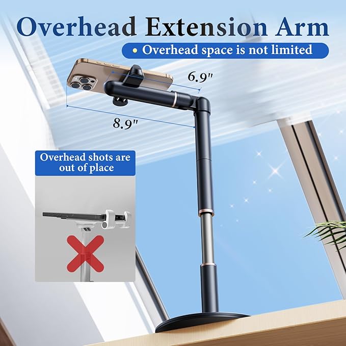 Retractable Phone Stand for Desk10.2-24.4in Height Adjustable Rotating Phone Holder for RecordingAluminium Overhead Phone Mount for iPhone &amp 4.7-7in Cell Phones