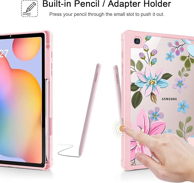 Tuiklol for Samsung Galaxy Tab S6 Lite 10.4 inch 2024 2022 2020Buit in S Pen Holder with Shockproof Protective Cover Clear Transparent Back Shell Auto Wake/Sleep Tones Flowers