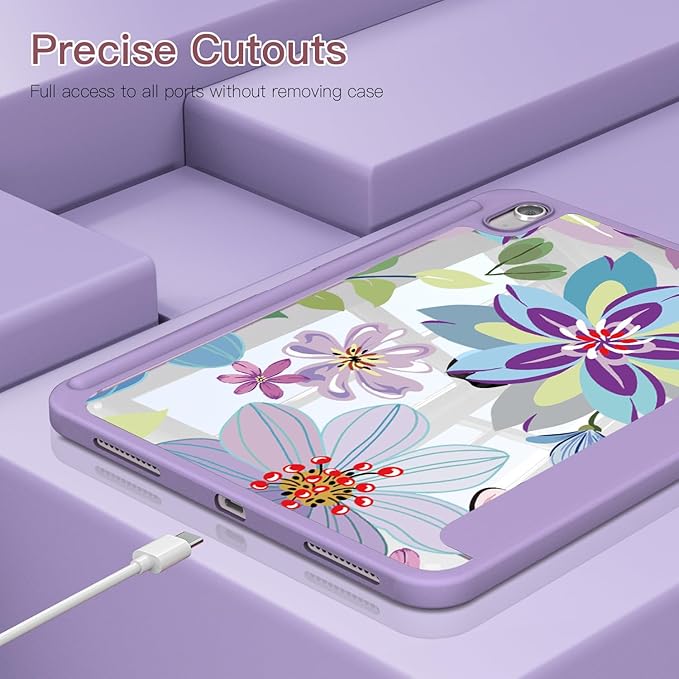 Teryeefi for iPad 11 inch (A16) 2025 11th Gen/iPad 10.9 inch 2022 10th Gen Built in Pencil Holder with Crystal Clear Hard Shell Back Cover with Auto Wake/Sleep &amp Stand Function Stylish Flower
