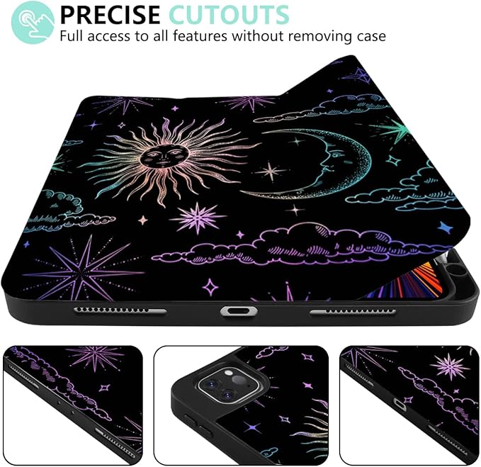 DONGKE Case for 2022/2021/2020/2018 iPad Pro 11 inch Gen 4/3/2/1 - Slim Protective Case - Built in Pencil Holder Support Charging - Trifold Stand &amp Sleep/Wake Cover - Sun &amp Moon