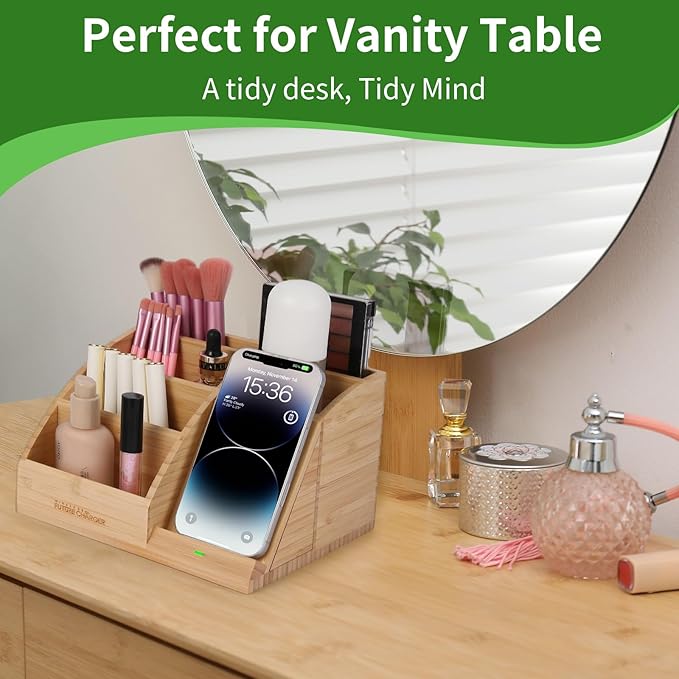 Bamboo Pen Holder for Desk &amp Nightstand Organizer with Fast Wireless Charging for iPhone Samsung &amp More – Office Desk Accessories for Men/Women (Natural)