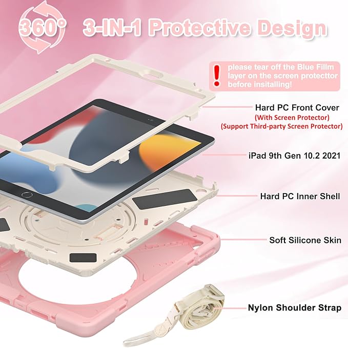 BRAECNstock Kids Case for Apple iPad 9th/ 8th/ 7th Generation 10.2 2021/2020/2019 Shockproof Protective iPad 10.2 inch Case with Screen Protector Pen Holder Rotating Stand &amp Hand Strap Sakura
