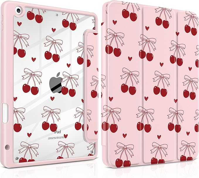 DONGKE for iPad 9th/8th/7th Generation Case 10.2 Inch (2021/2020/2019) [Auto Sleep/Wake &amp Pencil Holder] Clear Acrylic Back Trifold Stand Cover Cherry &amp Heart