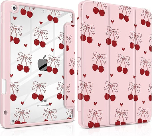 DONGKE for iPad 9th/8th/7th Generation Case 10.2 Inch (2021/2020/2019) [Auto Sleep/Wake &amp Pencil Holder] Clear Acrylic Back Trifold Stand Cover Cherry &amp Heart