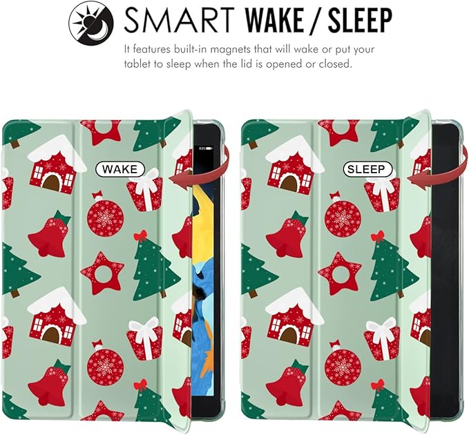 JOYLAND Cartoon Christmas Pad Case Cover for iPad 5th/6th (Generation) Green Case Cute Animals with Pencil Holder Lightweight Smart Trifold Stand Cover Soft TPU Cover for iPad 5th/6th Generation