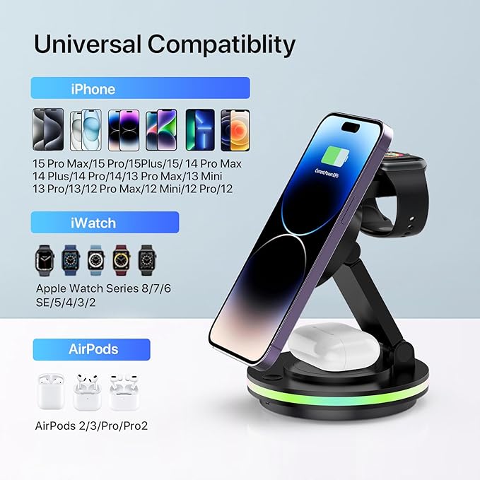 Foldable 3 in 1 Charging Station for iPhone Wireless Charger Stand with Magnetic Charging Station for iPhone 16 15 14 13 12 11 X Pro Max Watch AirPods Pro 3 2（B）