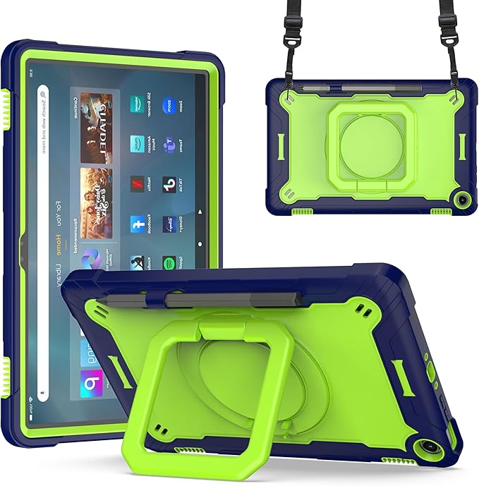 Case for Amazon Fire Max 11 inch Tablet (13th Generation 2023 Release) Hybrid Shockproof 360 Rotating Multi-Functional Ring Stand Case with Shoulder Straps (Blue/Green)