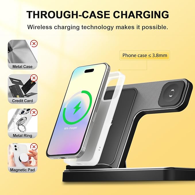 3-in-1 Wireless Charging Dock with StandCharging Solution for Bedroom and Travel Compatible with iPhone 17/16/15/14/13/12 Series for Apple Watch Ultra/SE/Series 11–2 and for AirPods Pro 4/3/2